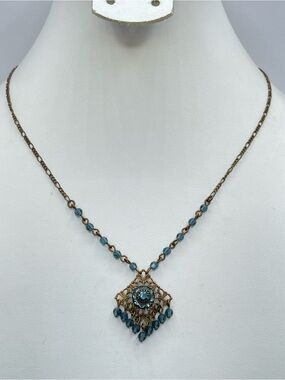 Vintage Liz Palacios Blue Crystal Art Deco Antique Gold Statement Necklace